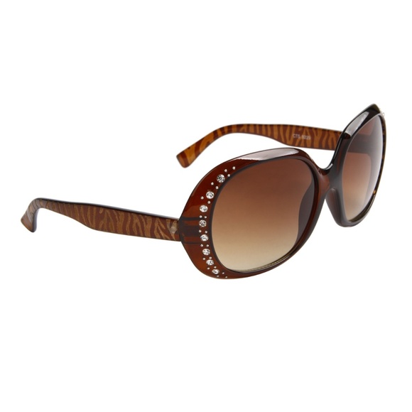 Fashion Accessories - Rhinestone Brown Animal Print Large Lens Sunglasse